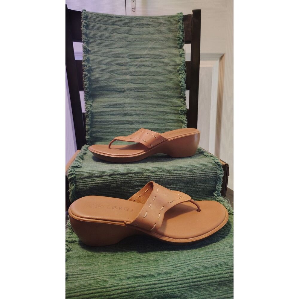 George Tan Leather Thong Wedge Sandals - Women's Size 8.5